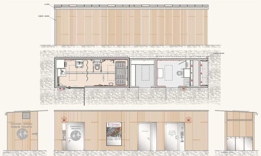 planos para el diseño y construcción de servicios higiénicos modulares junto al metro en el ayuntamiento de Etxebarri
